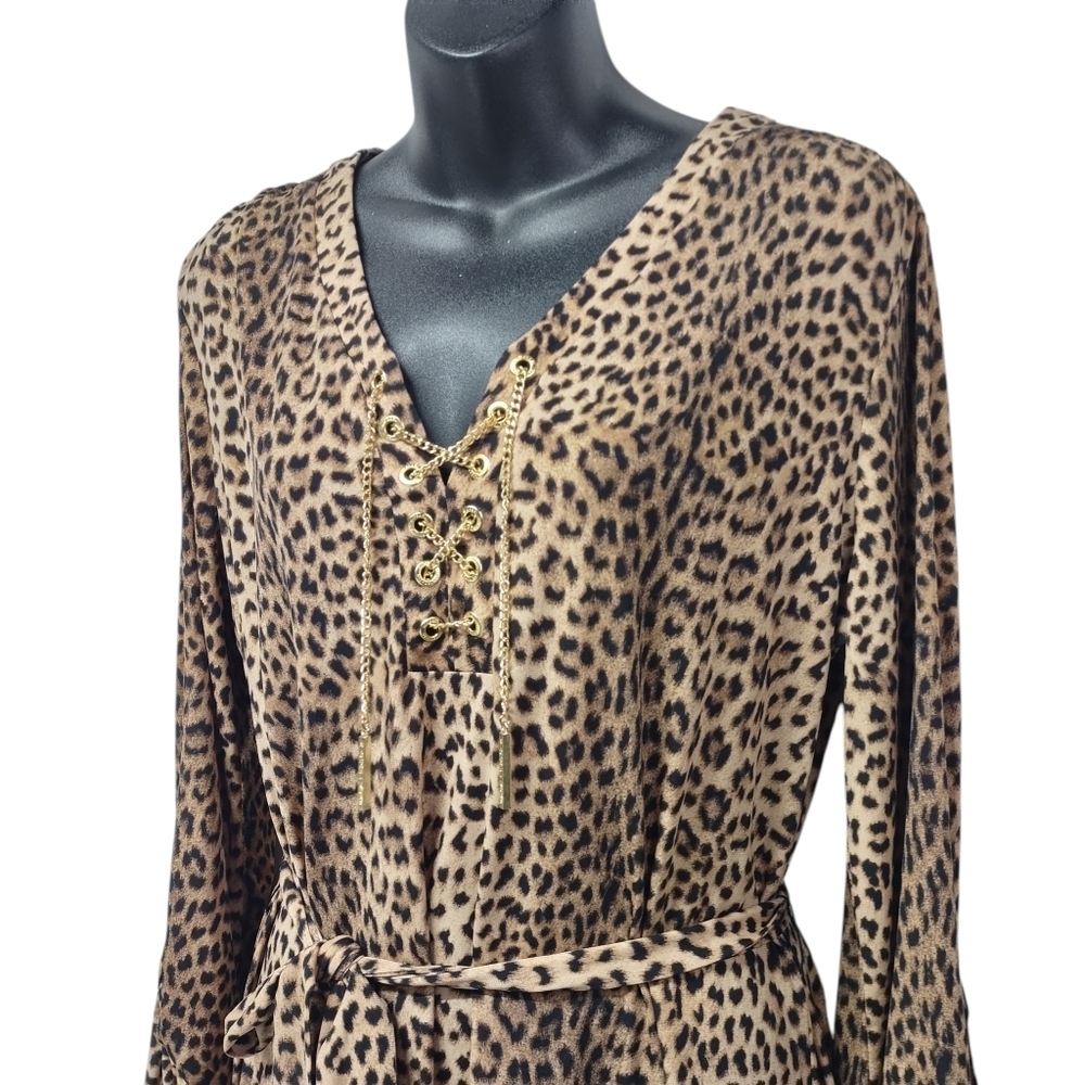 MICHAEL KORS Leopard Print Chain Lace-Up Neck Roll-up Tab Sleeve Dress Sz L NWT - Picture 6 of 12